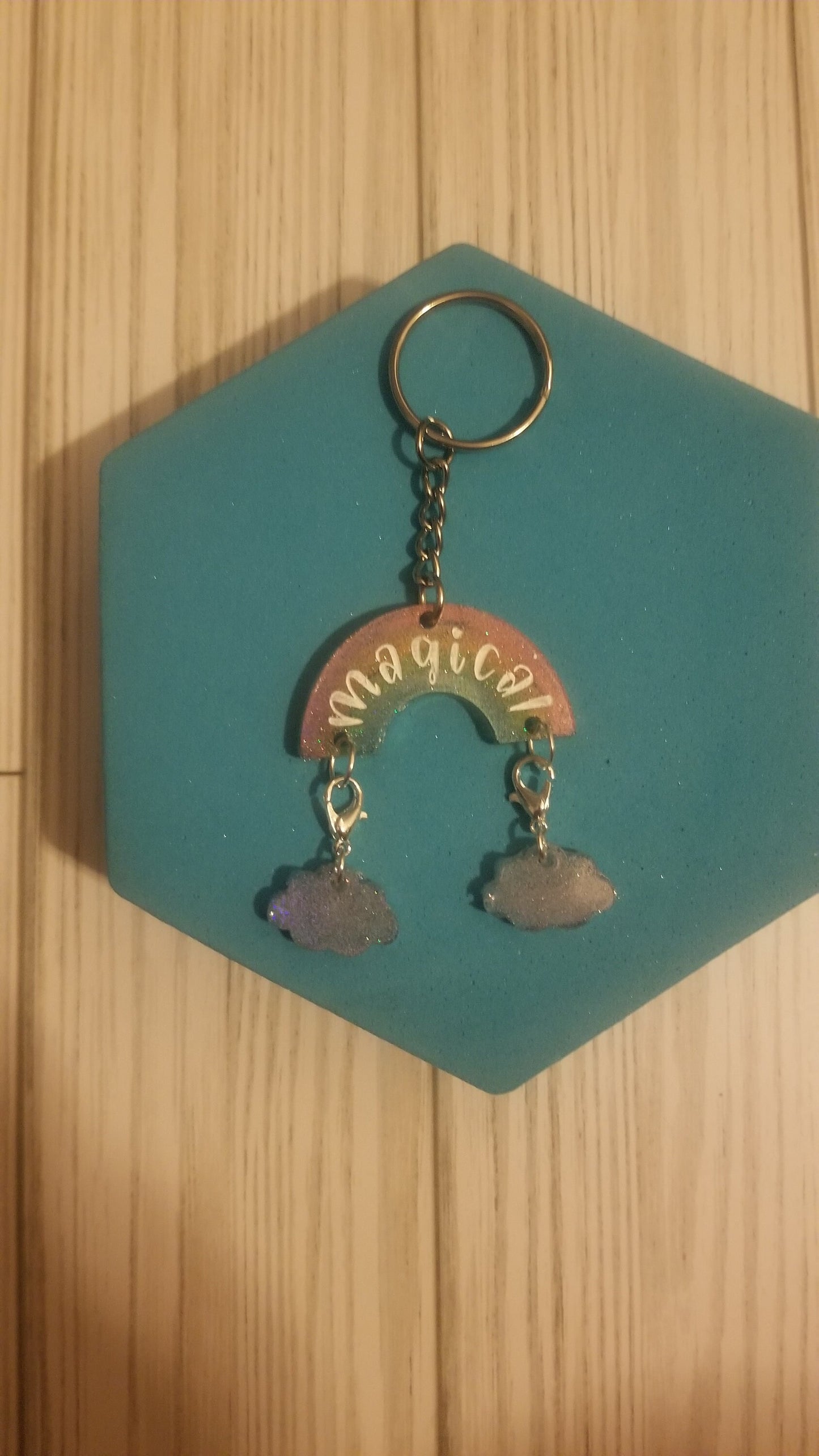Holographic rainbow stitch marker keychain