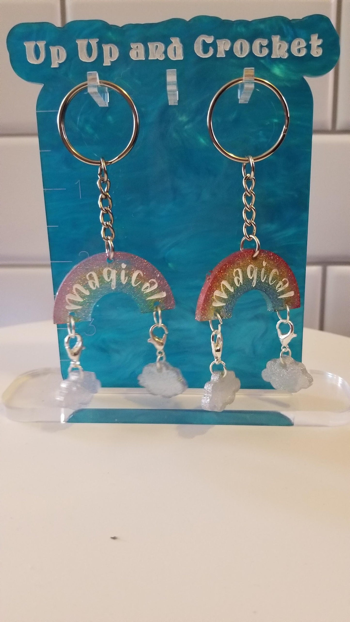 Holographic rainbow stitch marker keychain