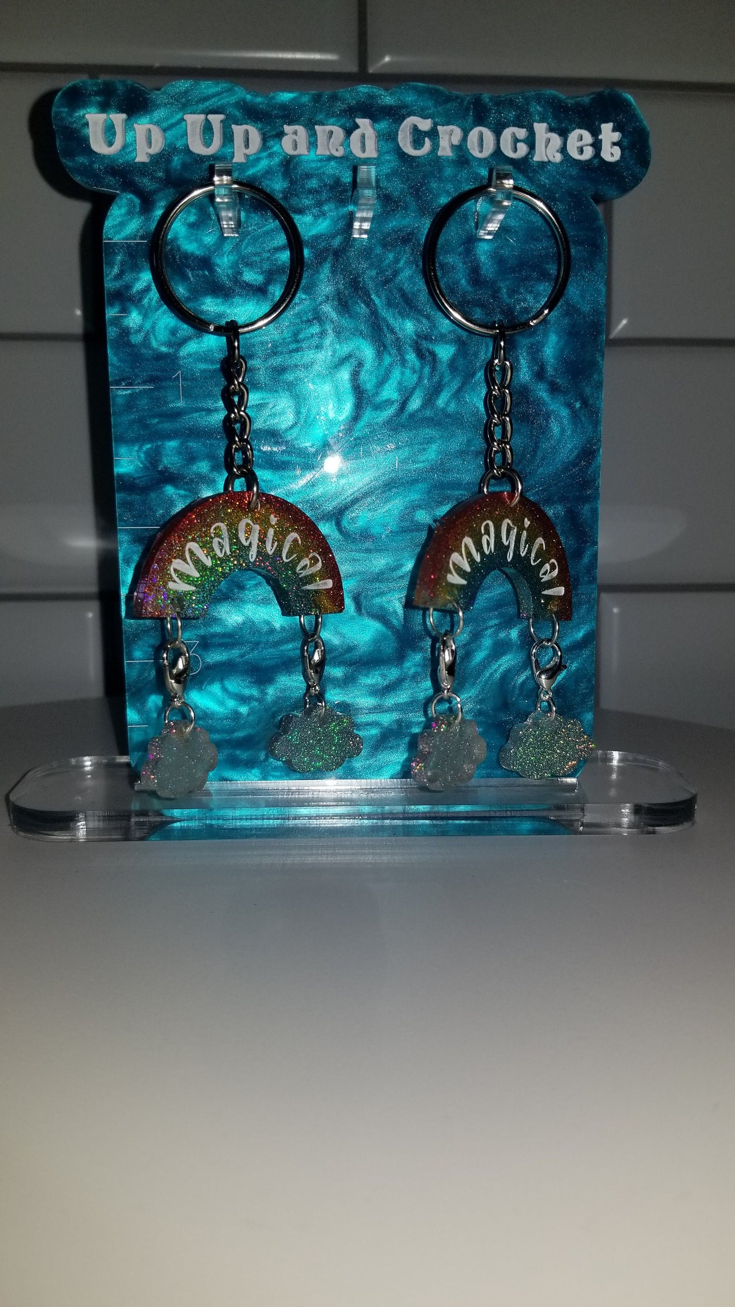 Holographic rainbow stitch marker keychain