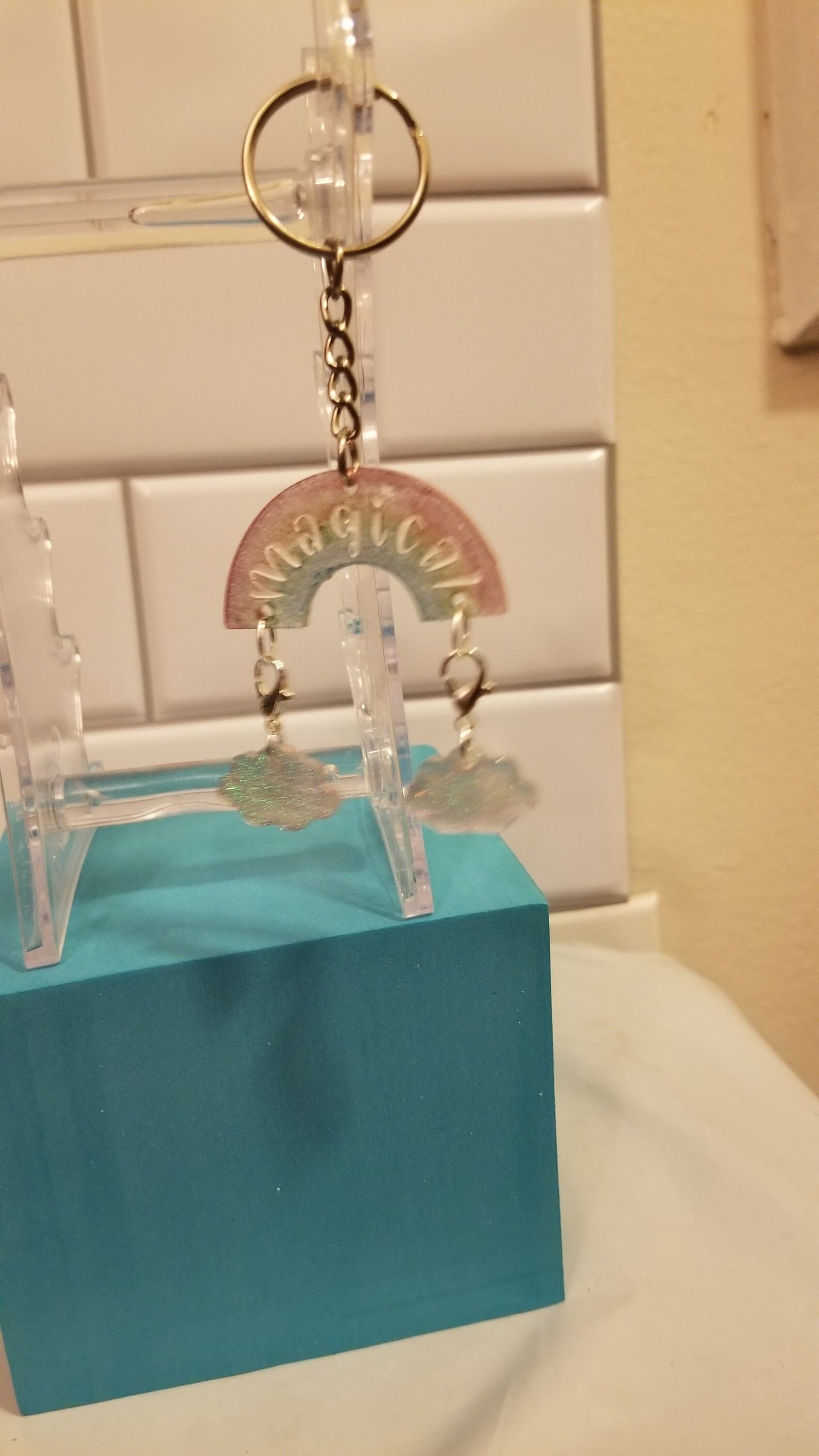 Holographic rainbow stitch marker keychain