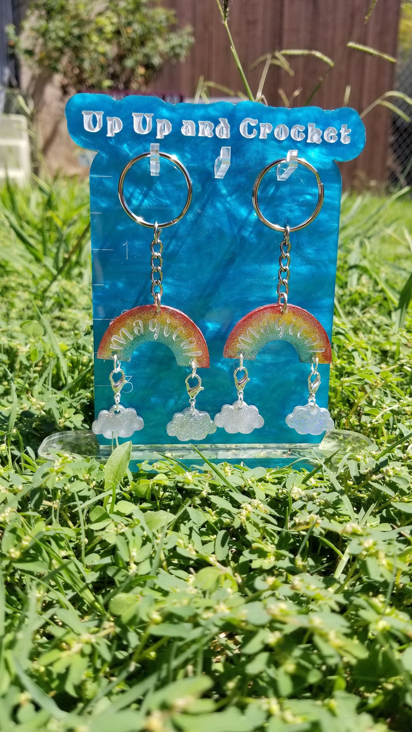 Holographic rainbow stitch marker keychain