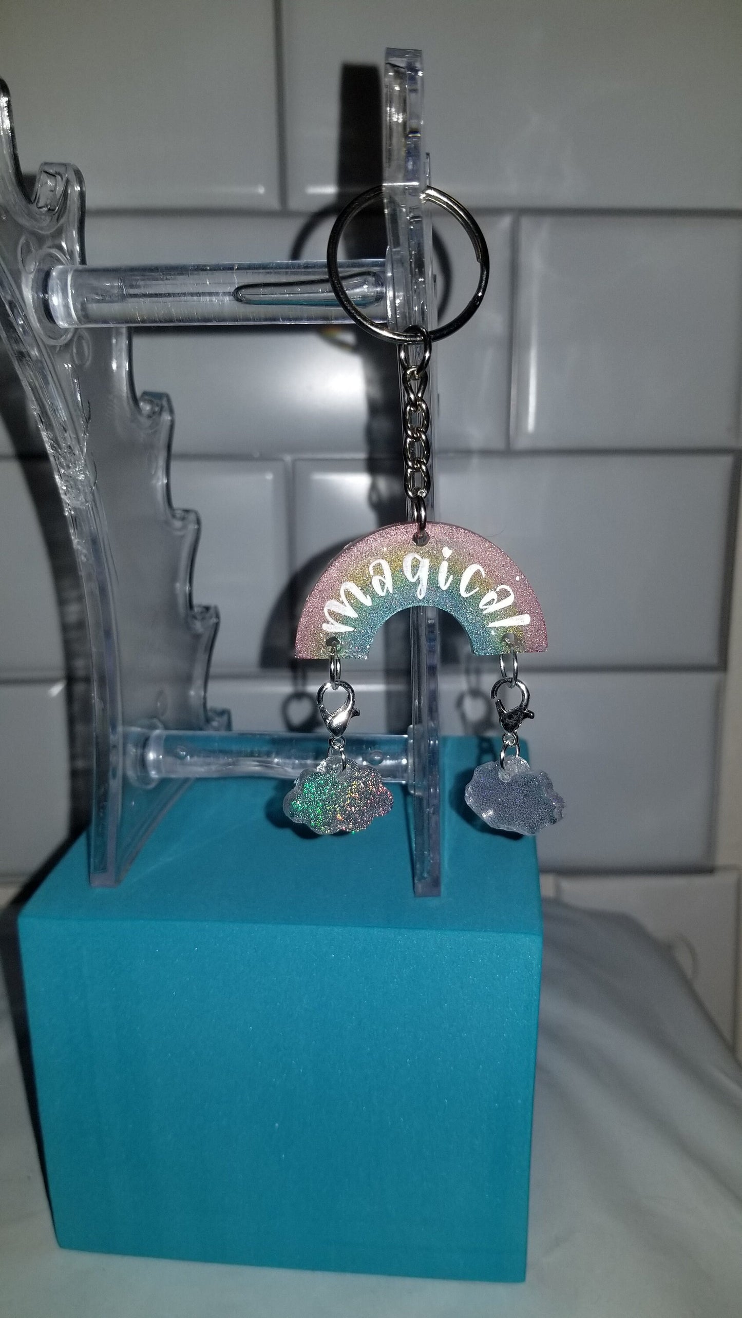 Holographic rainbow stitch marker keychain