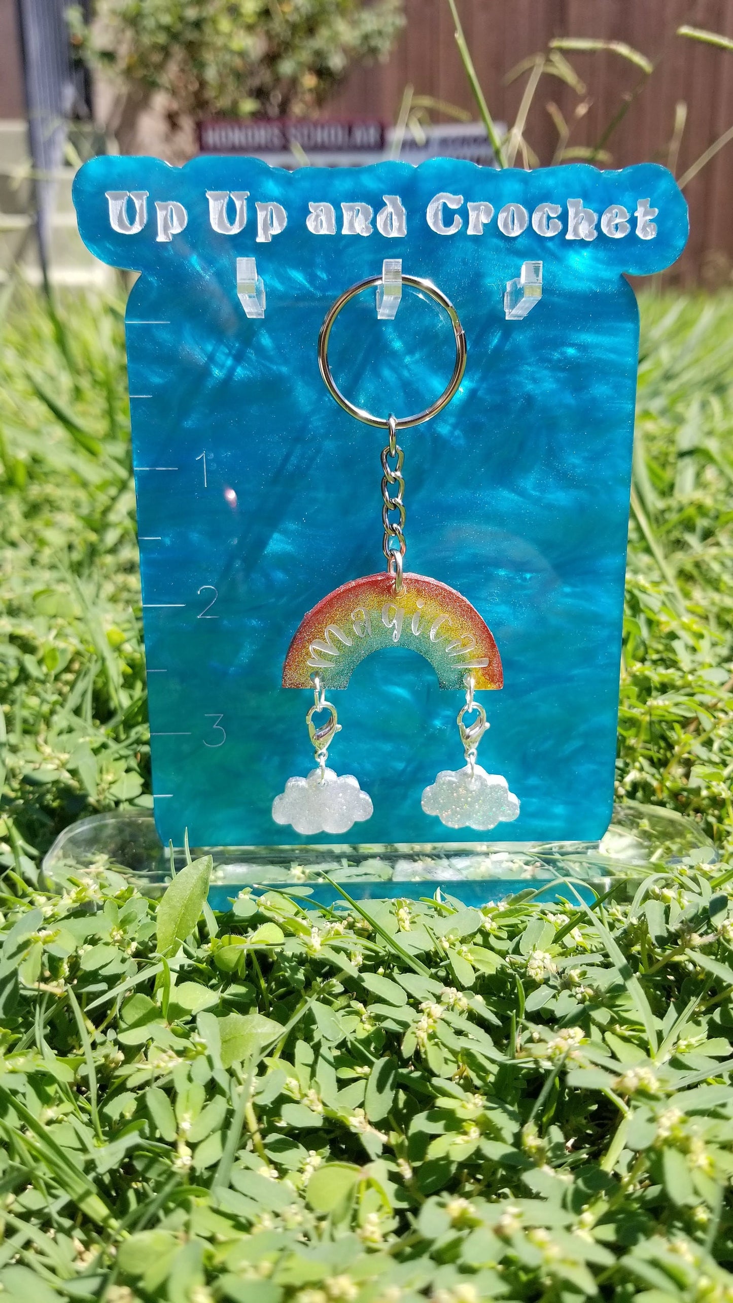 Holographic rainbow stitch marker keychain