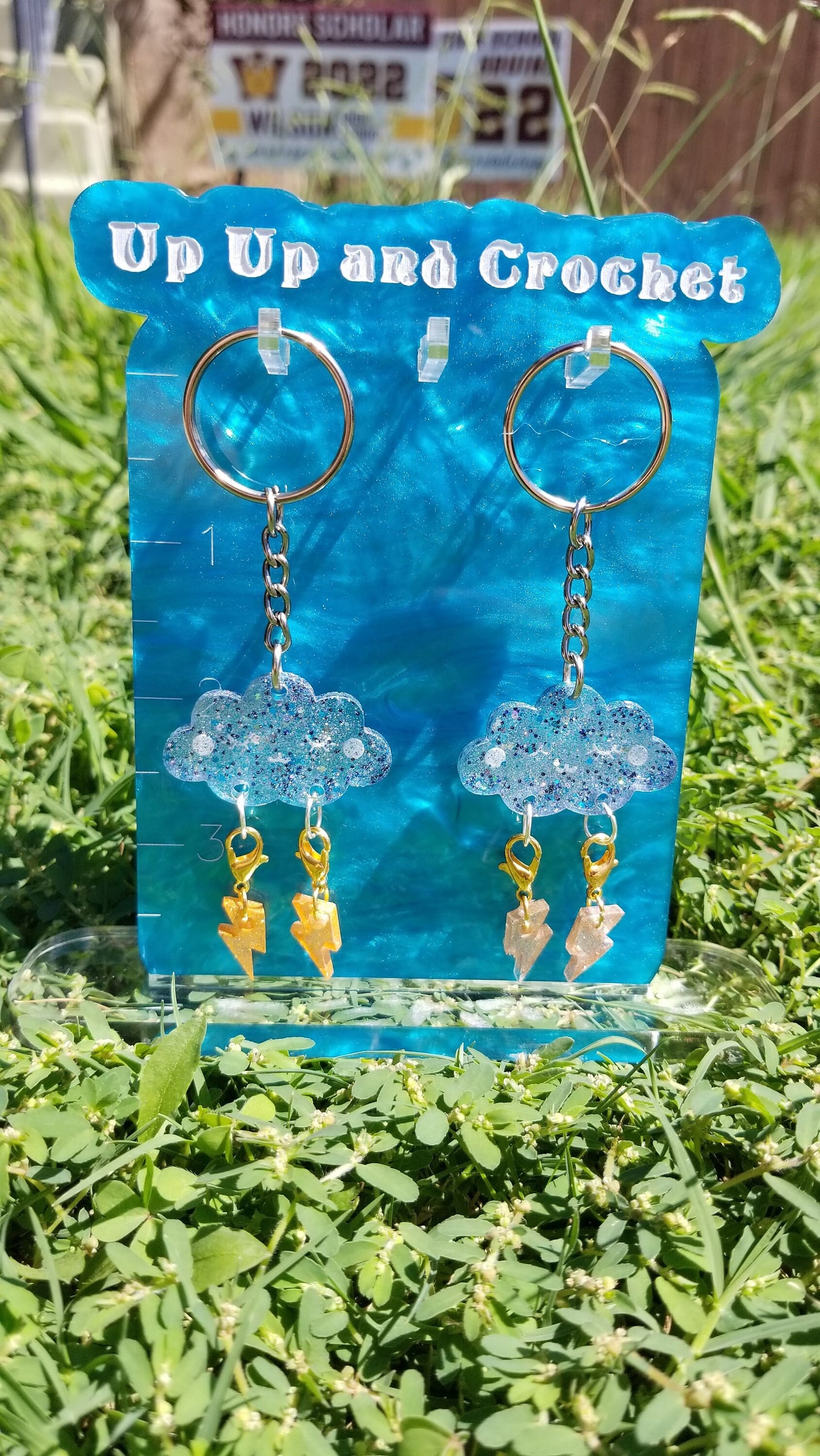 Holographic cloudy stitch marker keychain
