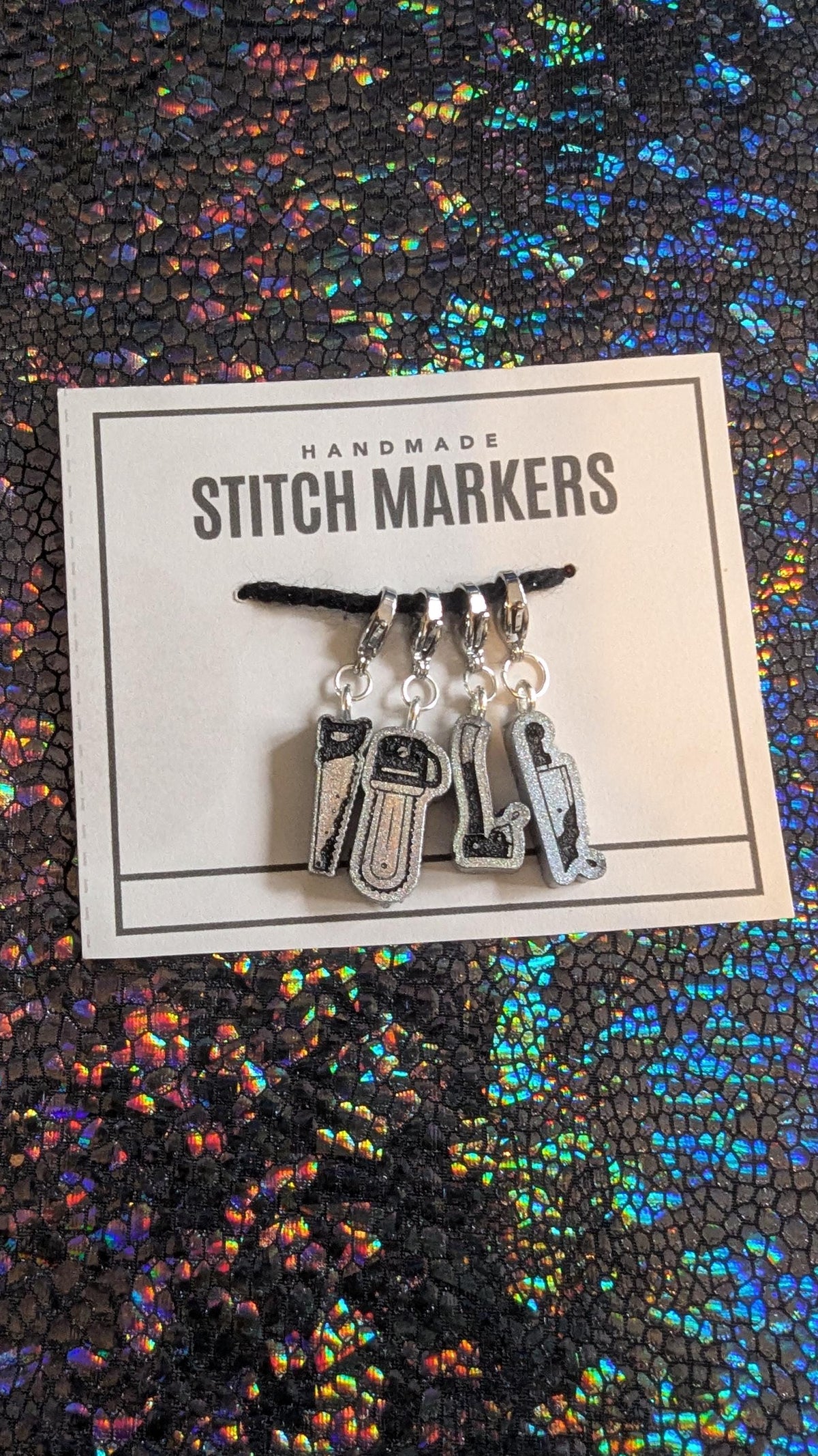 Creepy Tools Stitch Markers - Horror progress keeper, spooky season crochet gift, knitting notion